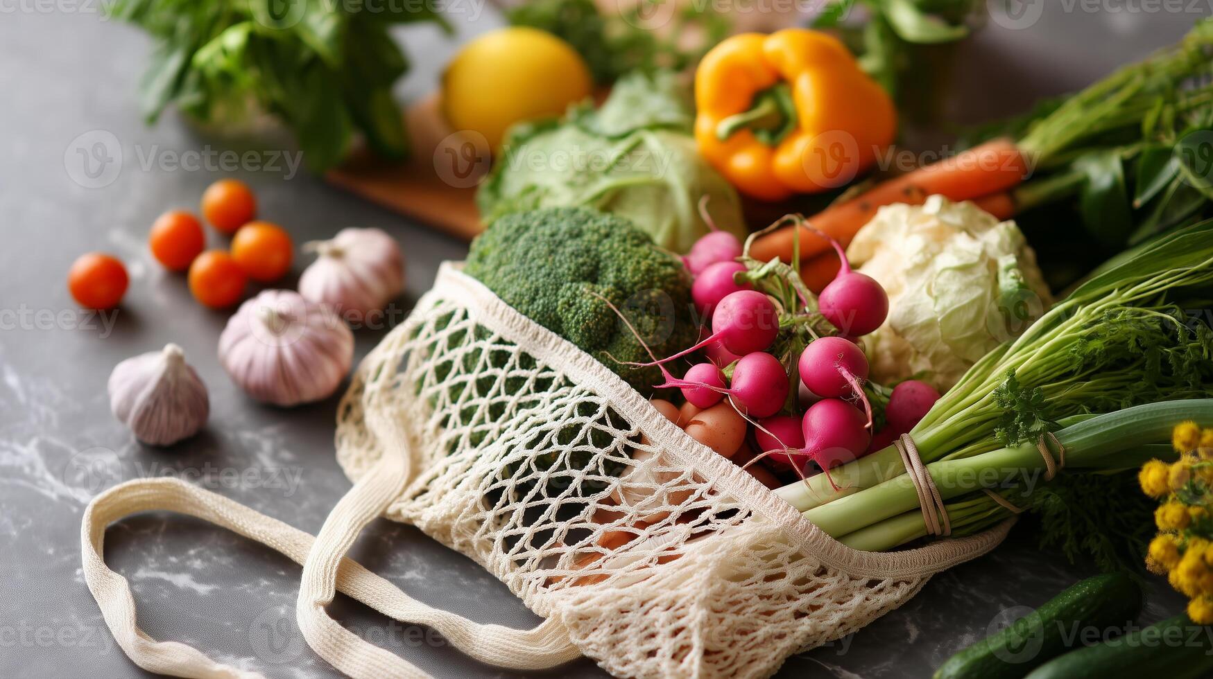 Fresh vegetables gathered in a reusable bag displayed on a countertop with wooden cutting board and ingredients photo