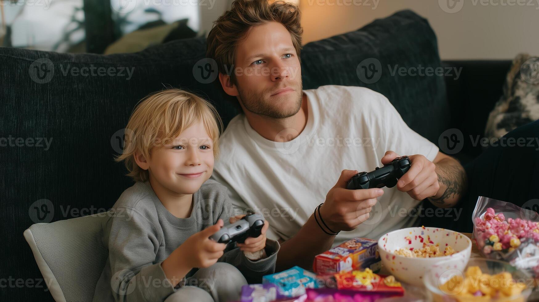 Family bonding time with gaming and snacks at home in the evening photo