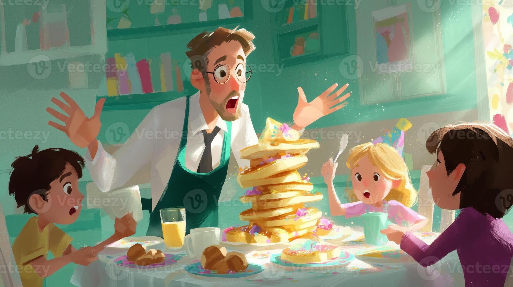 Father and children share a chaotic breakfast celebration filled with pancakes and laughter in a bright kitchen photo