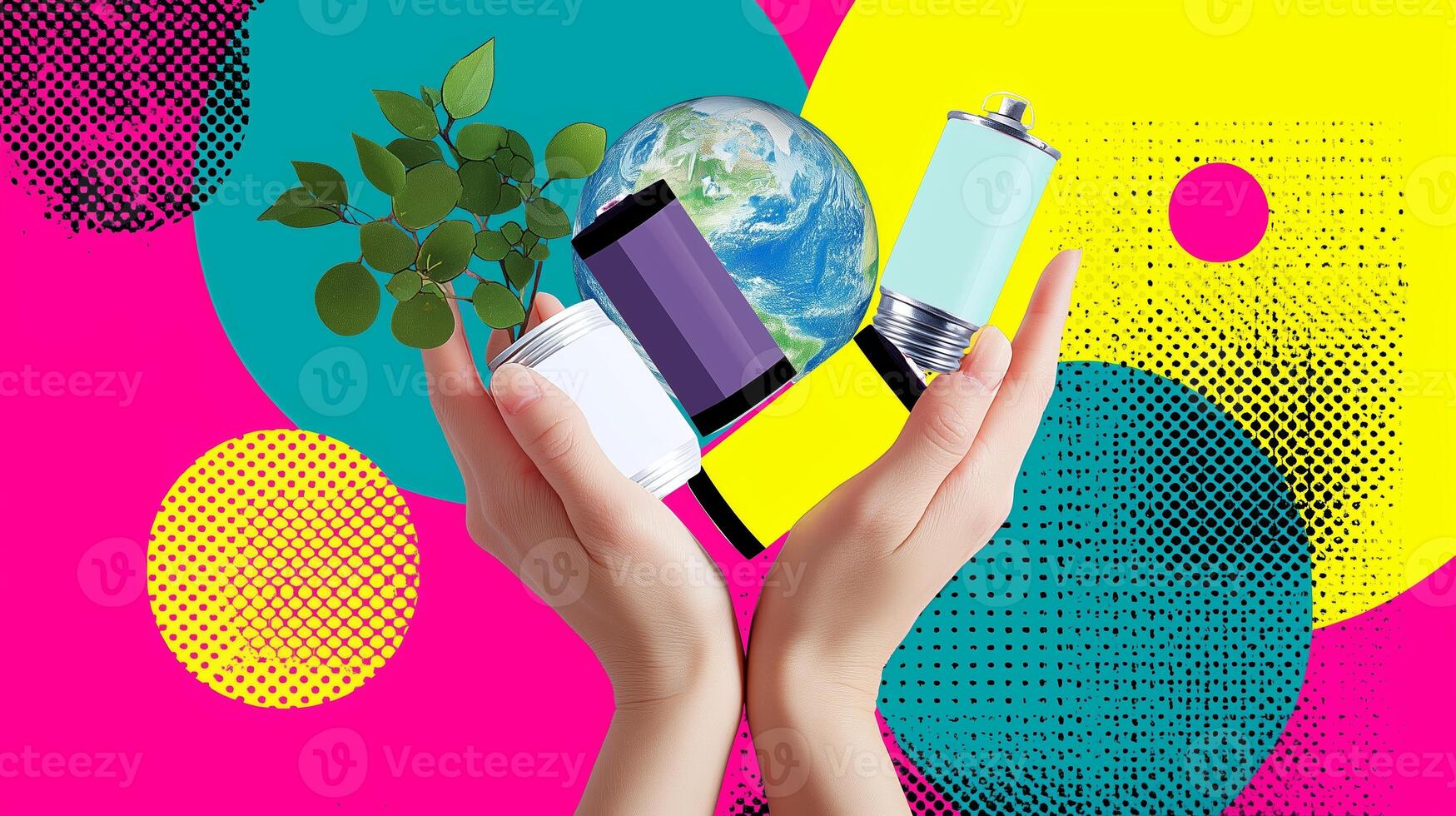 Hands support a vibrant world with plants and batteries promoting sustainability and eco-friendly practices photo