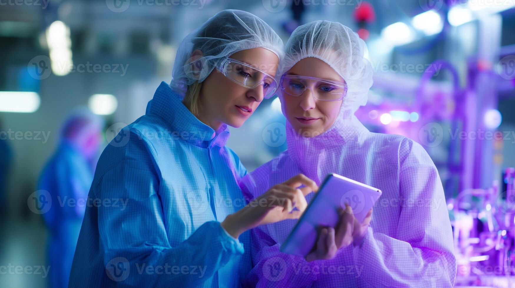 Two female researchers discuss data in a laboratory setting with colorful equipment during a late afternoon photo