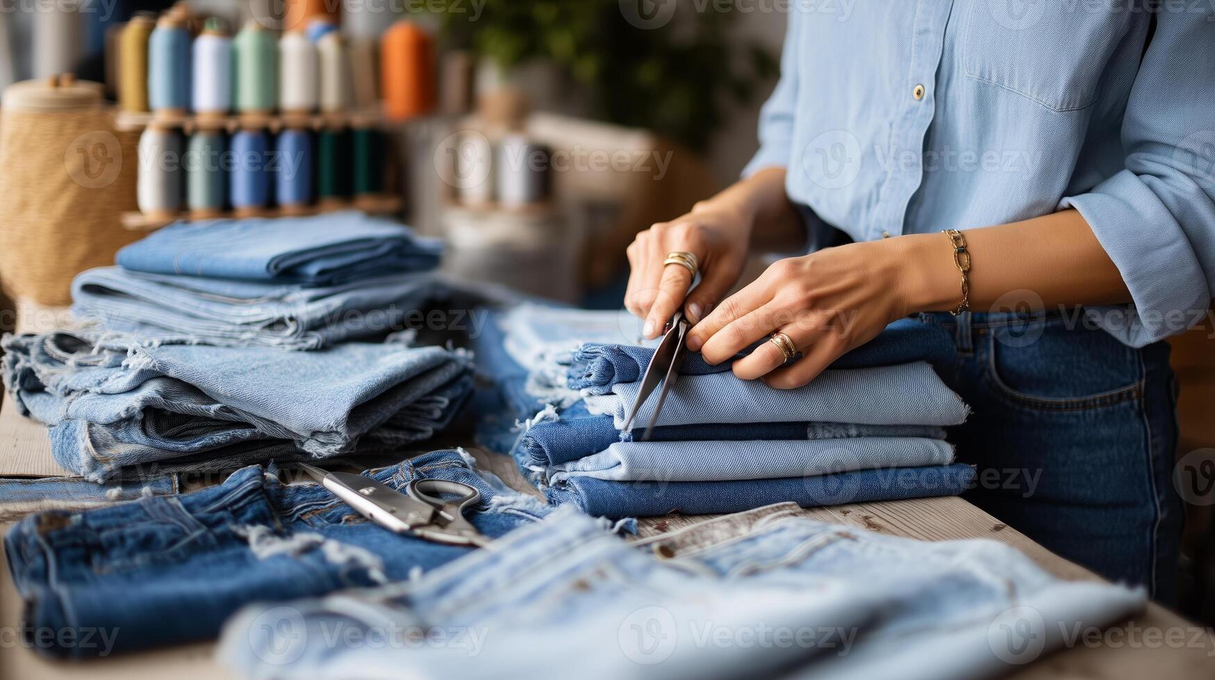 Crafting denim shorts in a textile workshop with colorful threads and fabric on a sunny afternoon photo