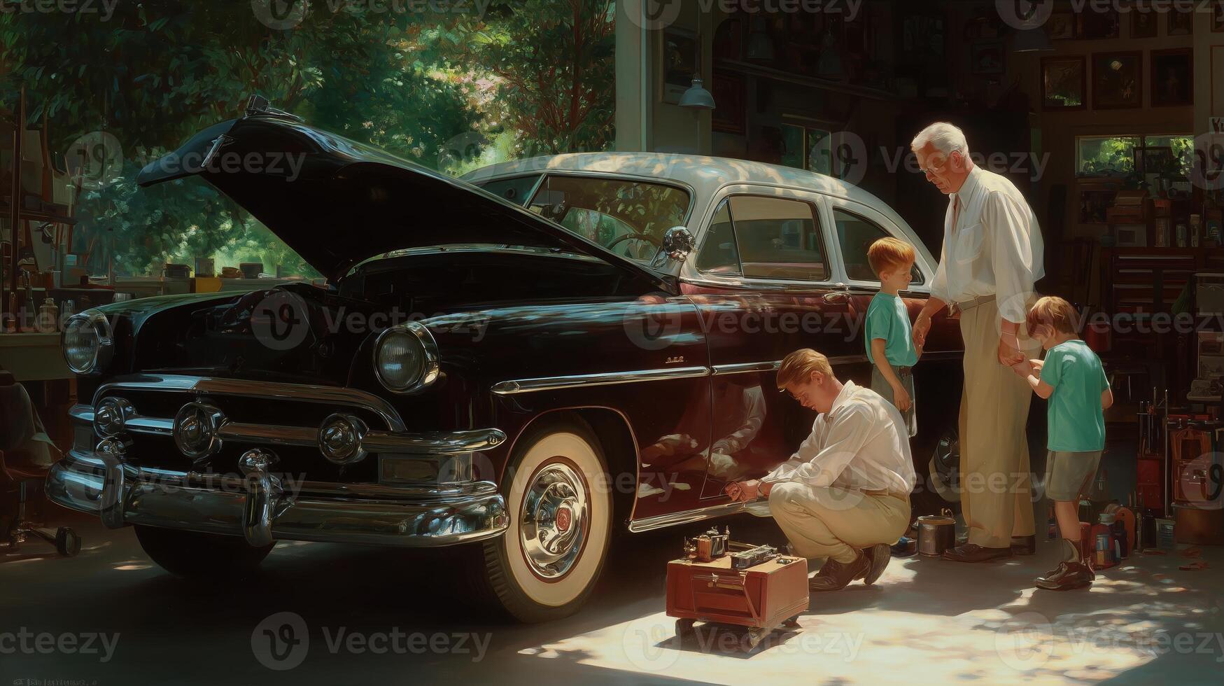 Family bonding time while fixing a classic car in a cozy garage during a warm afternoon photo