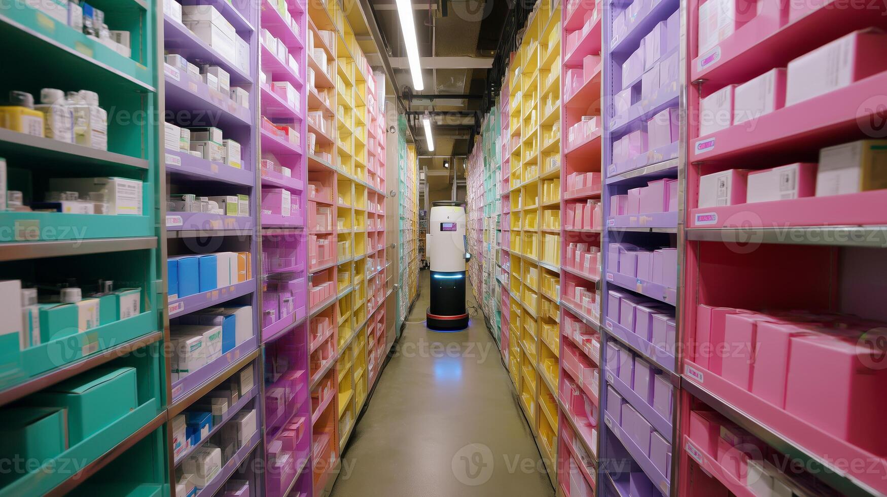 Robot assisting in a colorful pharmacy aisle during inventory management in a modern facility photo