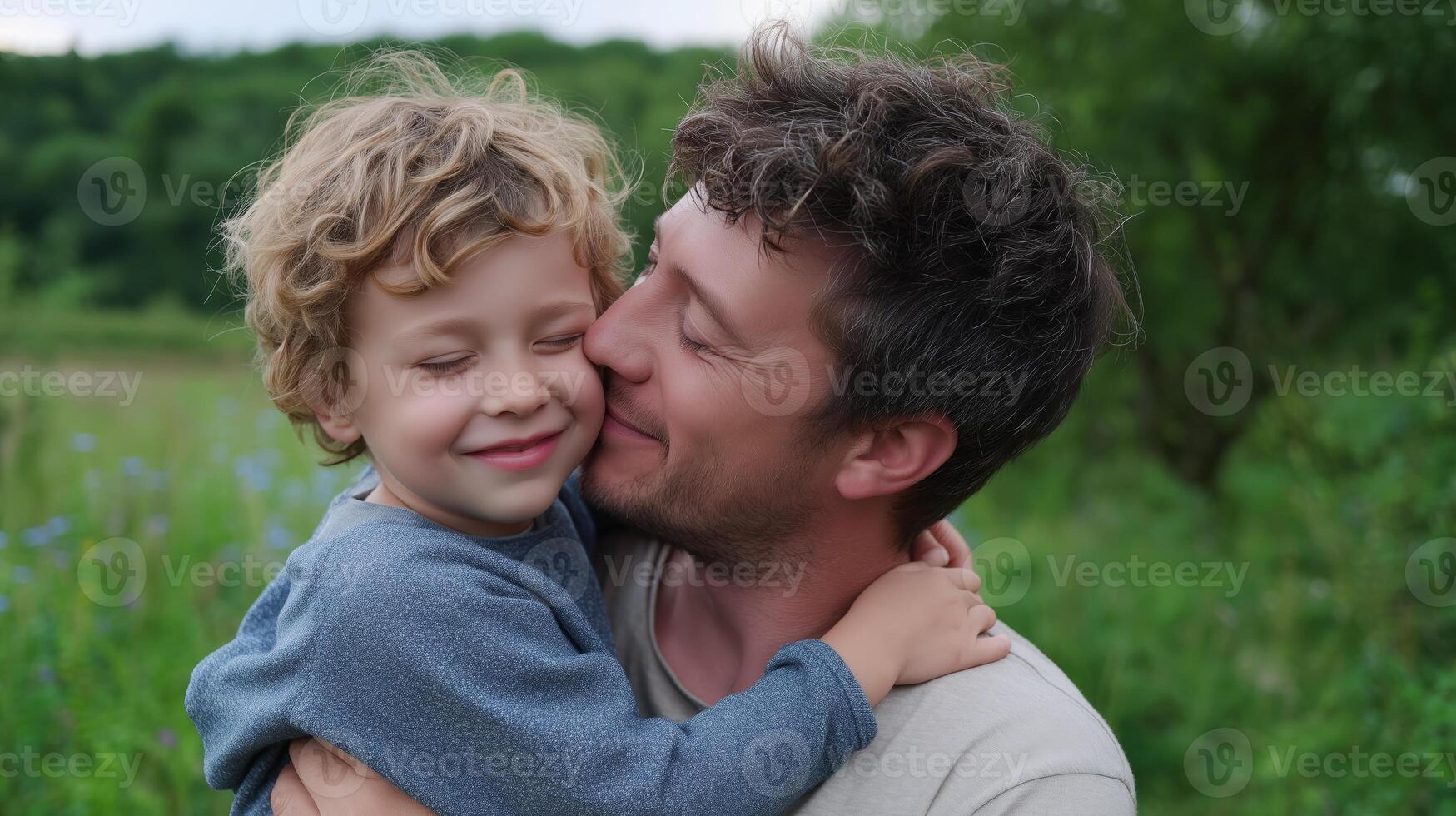 Father and son share a joyful moment outdoors amidst greenery on a bright sunny day photo