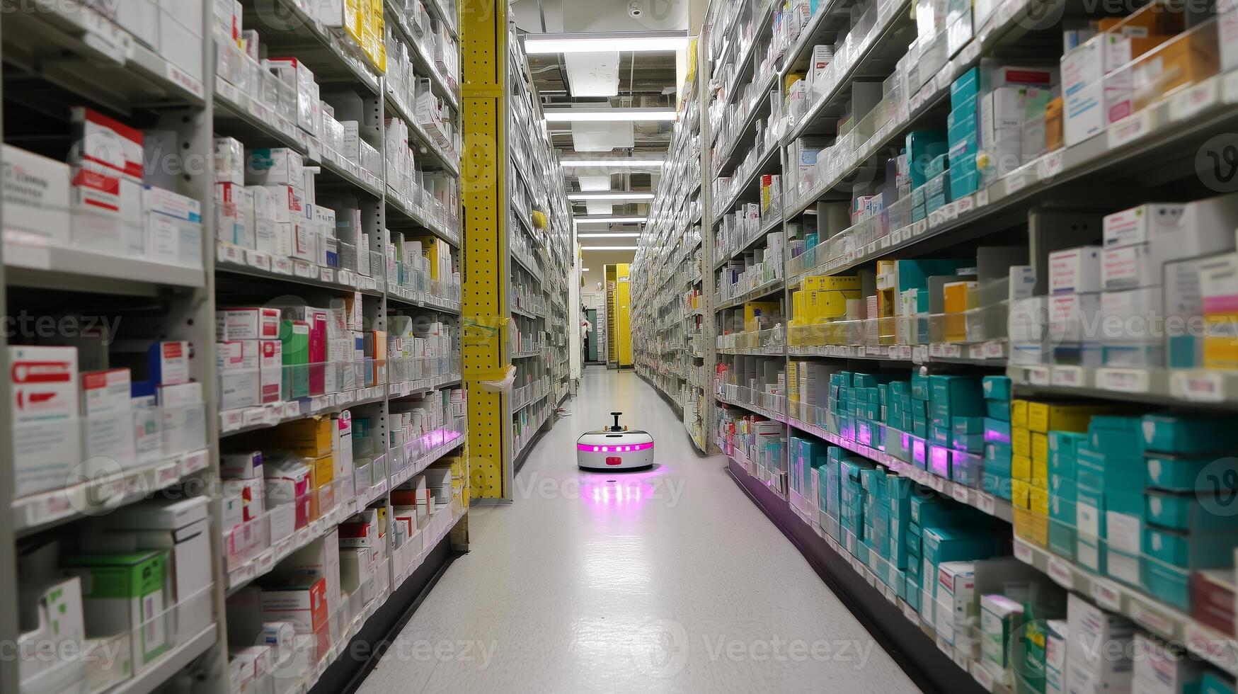 Robot navigating through pharmacy aisle at a retail store during the day to assist with inventory management photo