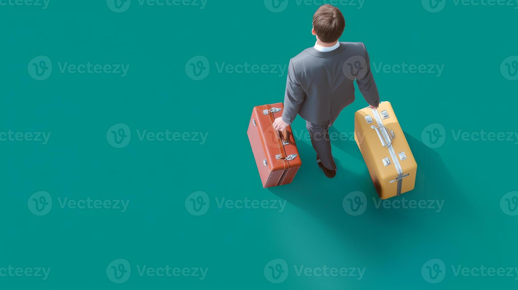 Business traveler holding two suitcases in a modern airport setting during daytime photo