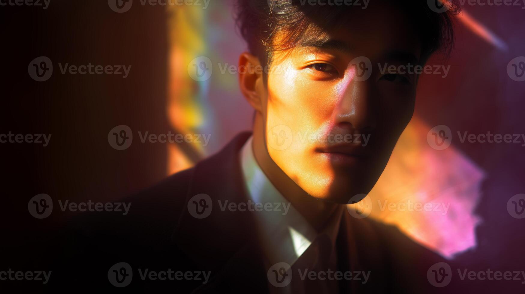 Portrait of a young man illuminated by colorful light in a cozy indoor setting during the late afternoon photo