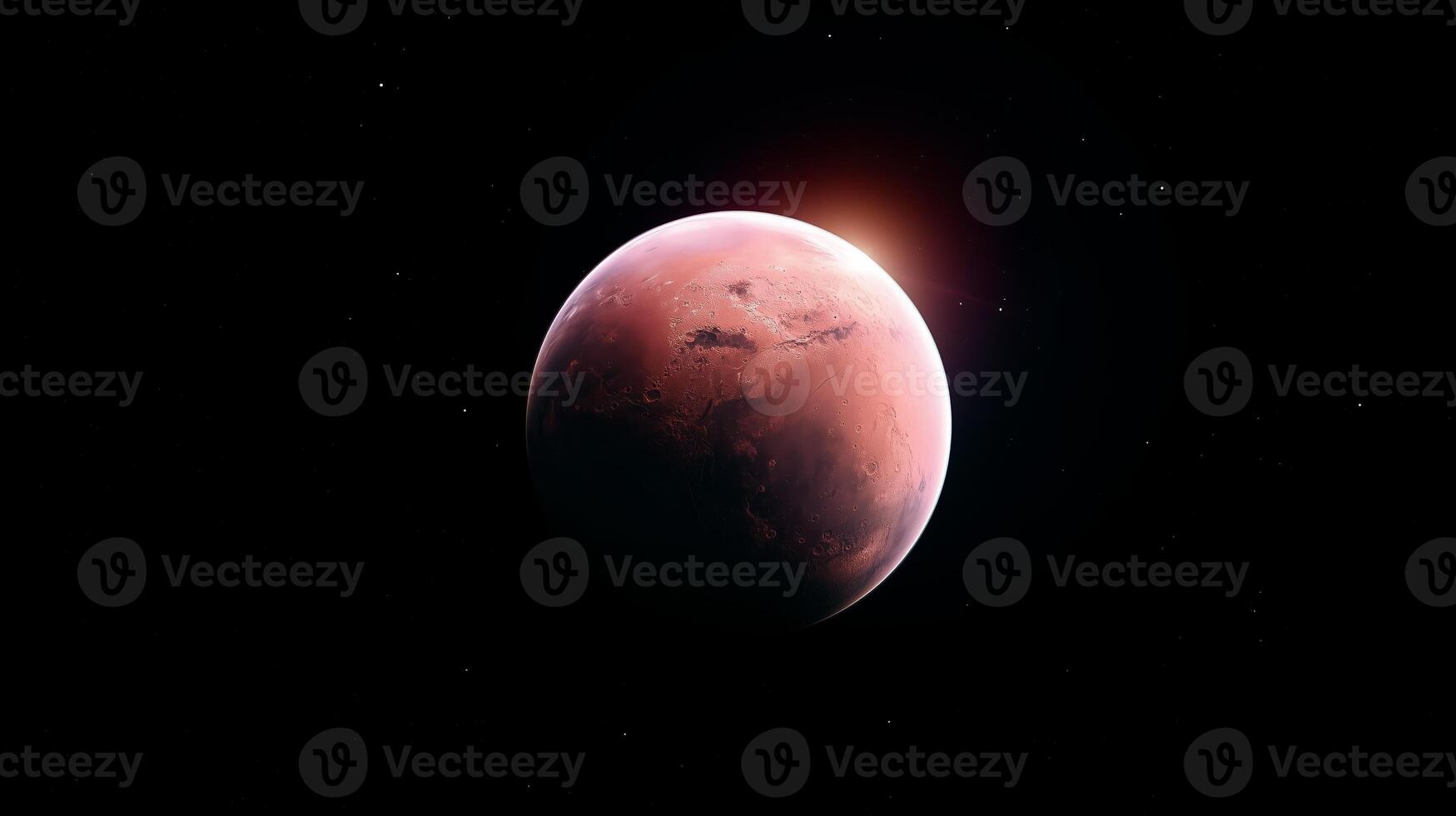Mars viewed from space with a glowing atmosphere in the background during a clear starry night photo