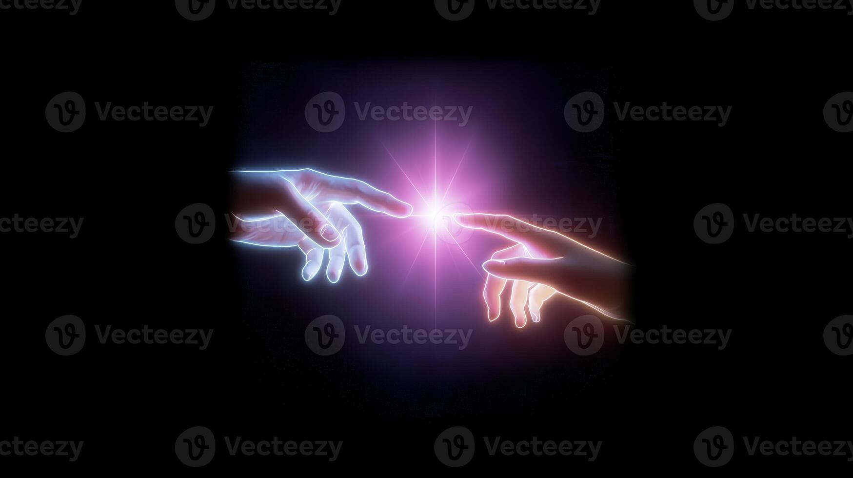 Hands reaching towards each other in a vibrant cosmic background during a moment of connection and unity photo
