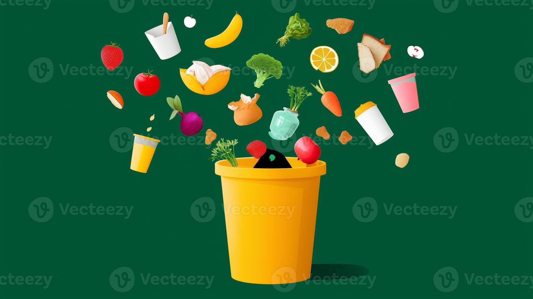 Creative composting demonstration with various food items in a yellow bin against a green background photo