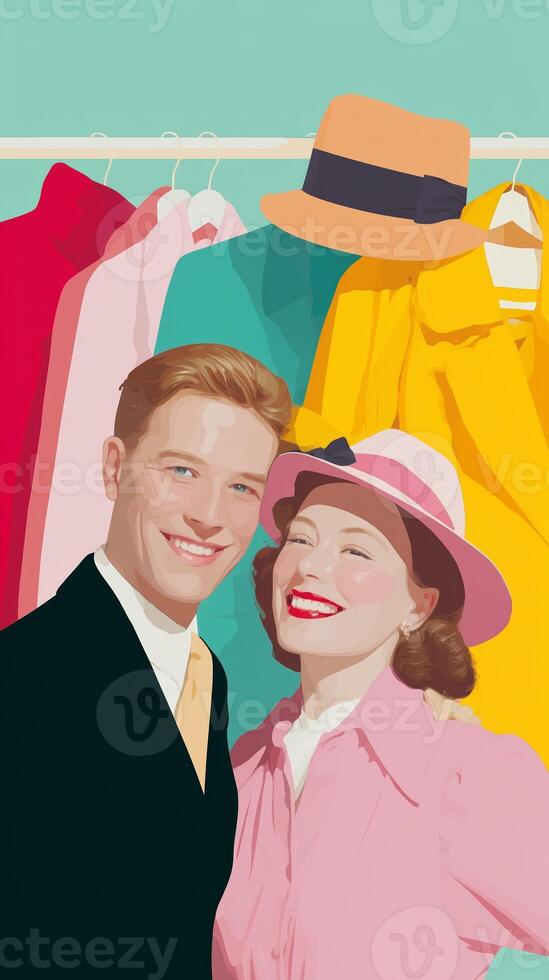 Cheerful couple enjoying a vibrant spring day surrounded by colorful fashion in a retro-inspired clothing display photo