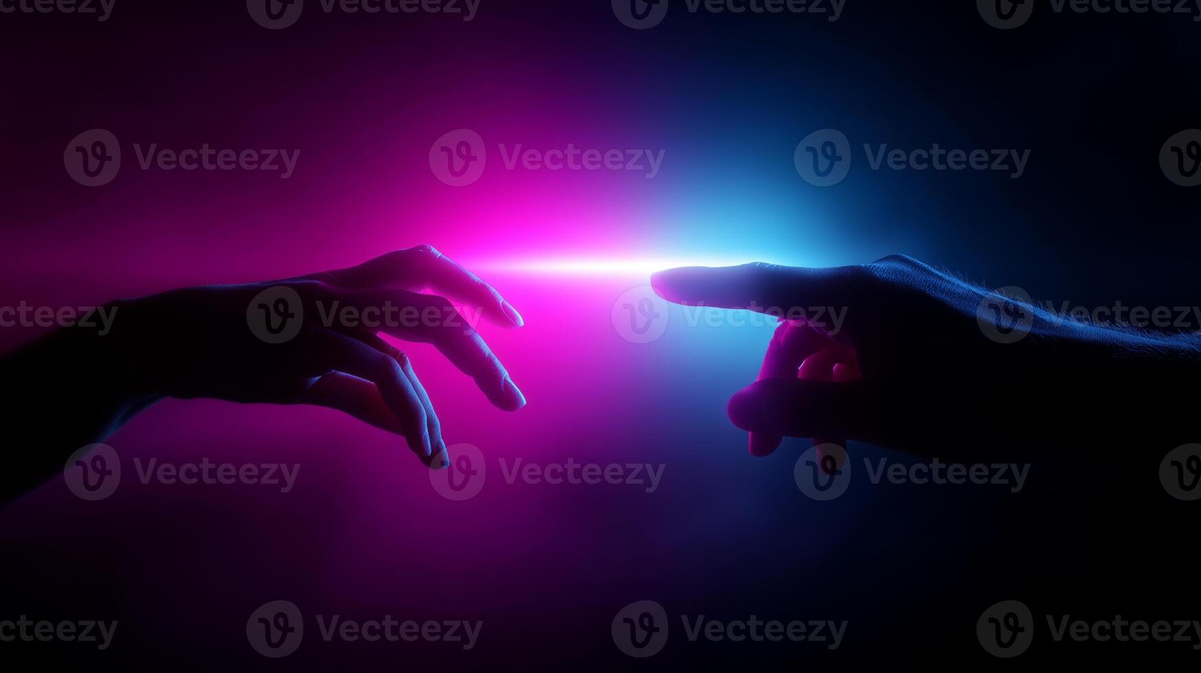 Reaching connection between two hands illuminated by vibrant purple and blue light in a surreal atmosphere photo