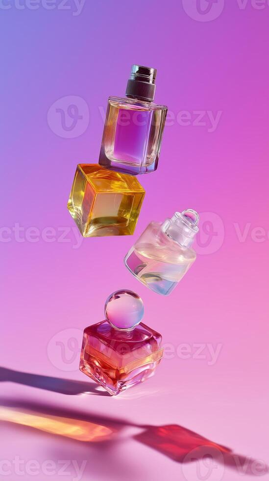 Colorful perfume bottles suspended in an artistic arrangement against a vibrant gradient background photo