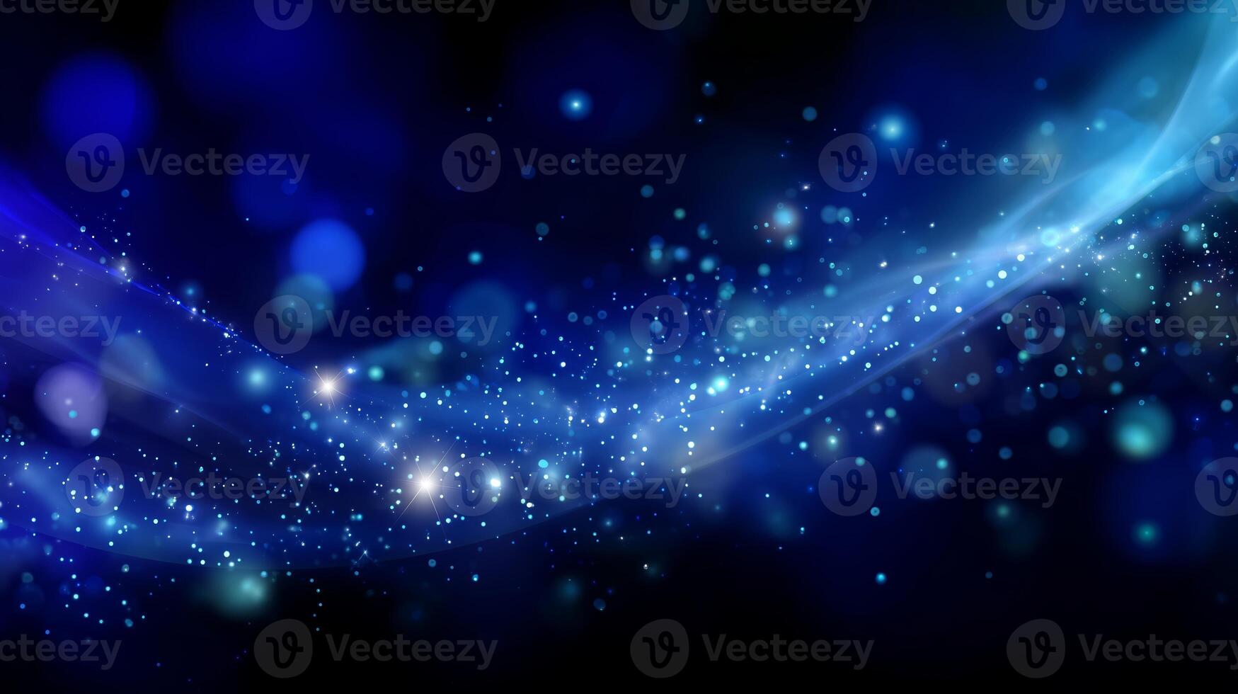 Vibrant cosmic background with sparkling particles and swirling light patterns in deep blue tones photo
