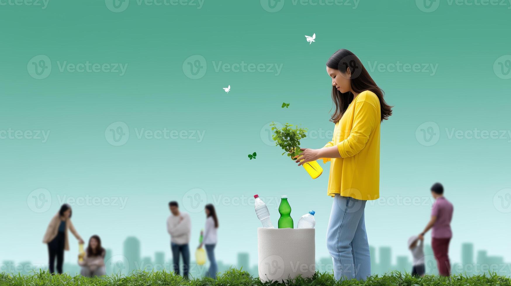 Woman plants herbs in urban garden while others clean up the park during community event in sunny afternoon photo