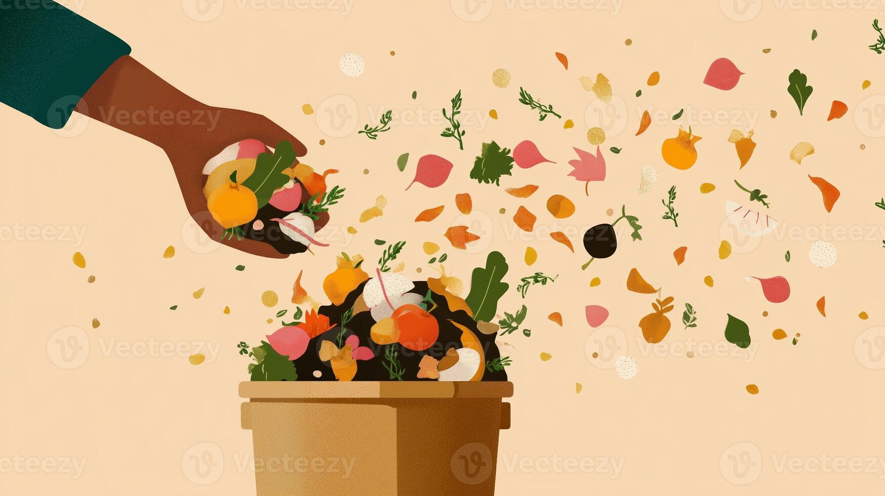 Hand tossing colorful vegetable scraps into a compost bin during spring in a cozy kitchen environment photo