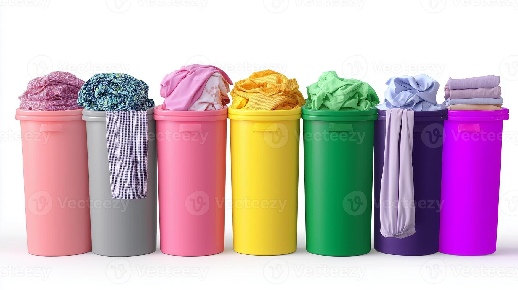 Colorful trash cans filled with clothes arranged in a row in a bright space, showcasing neat organization and vibrant hues photo