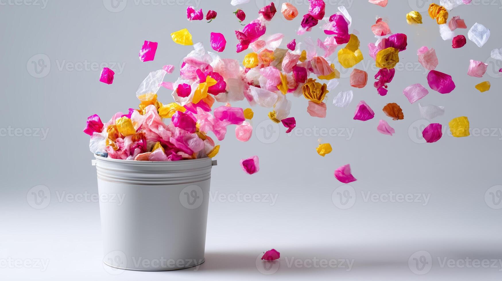 Colorful paper shreds bursting from a white bucket in a creative display of texture and movement photo