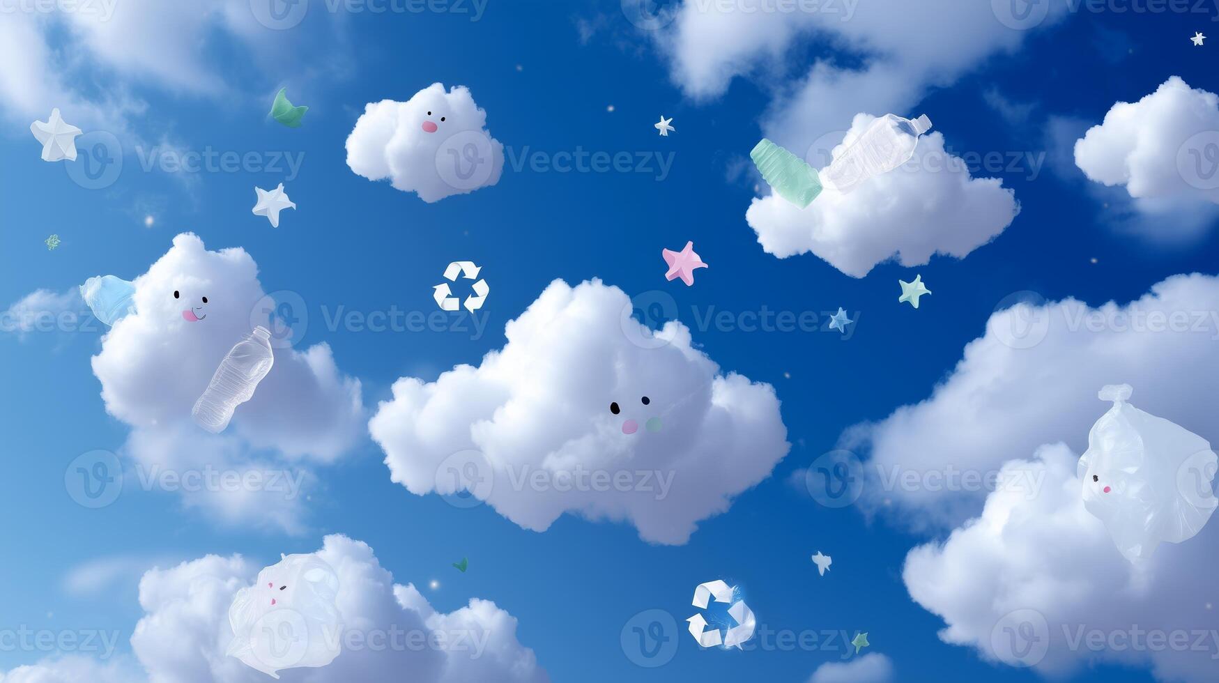 Soft clouds with smiling faces and various objects floating in a bright blue sky during daytime photo