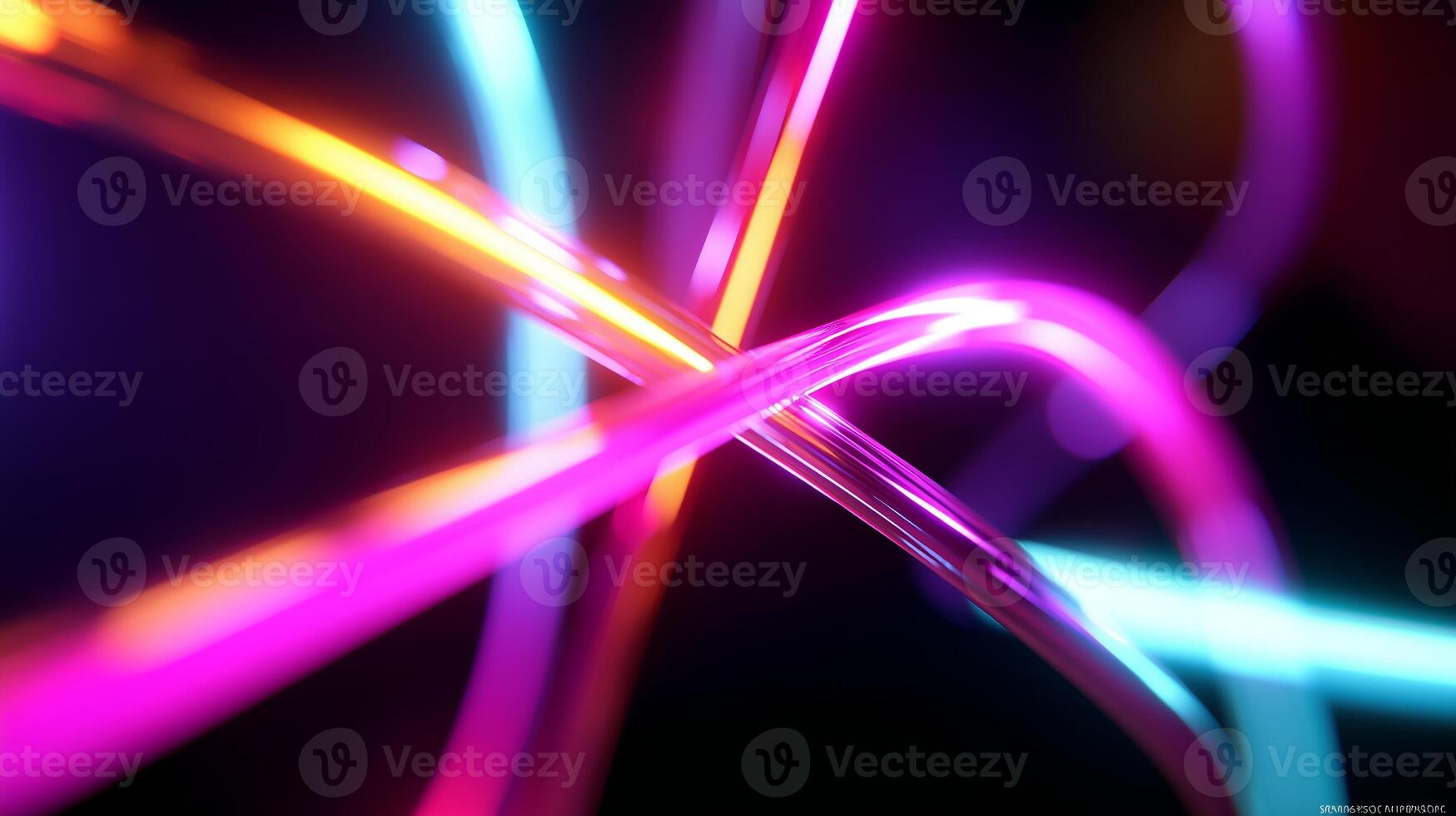 Colorful neon light trails intersecting in a dark space at night creating a vibrant and dynamic visual effect photo
