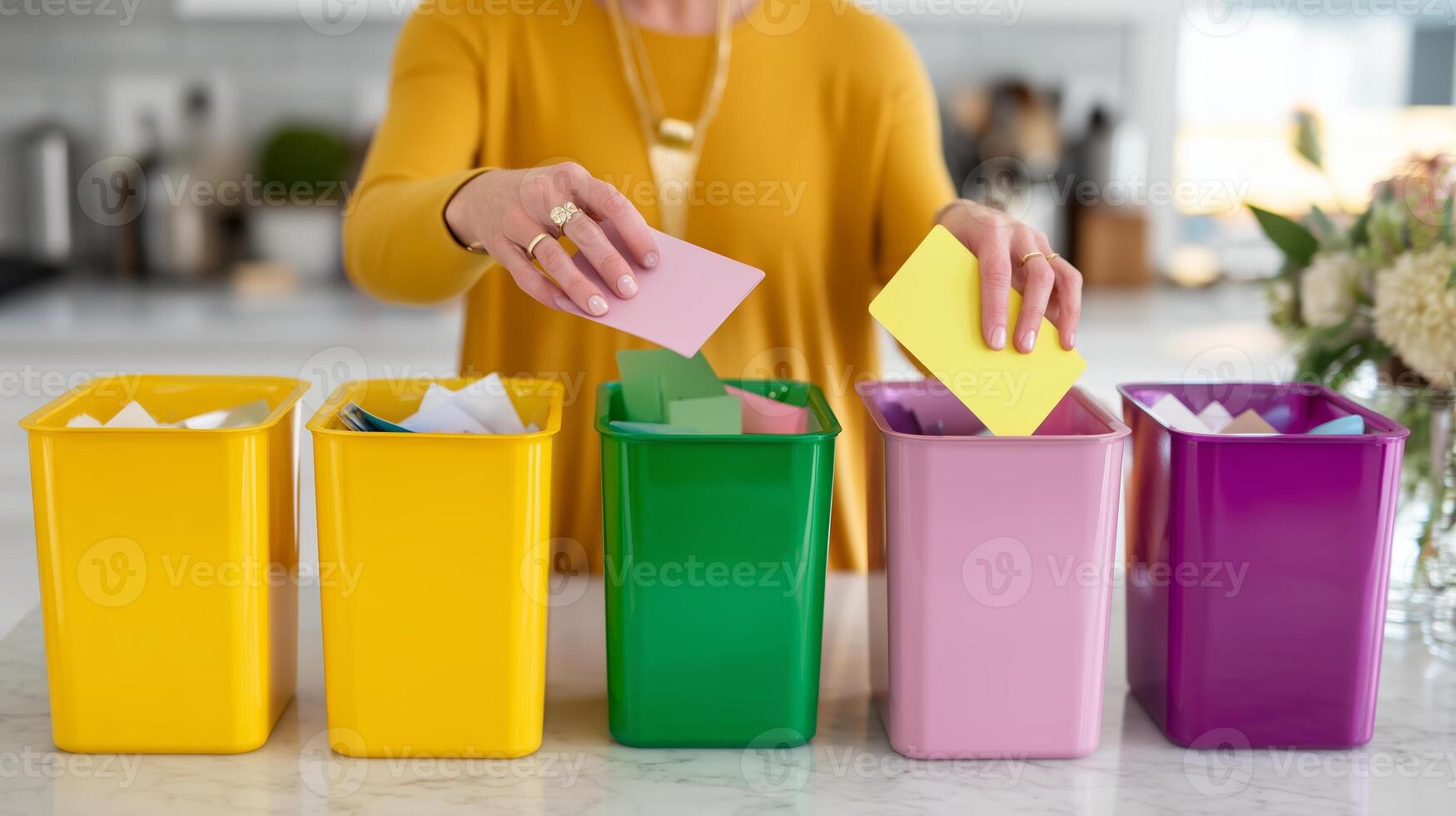Sorting colorful papers into labeled bins in a modern kitchen during a decluttering session photo