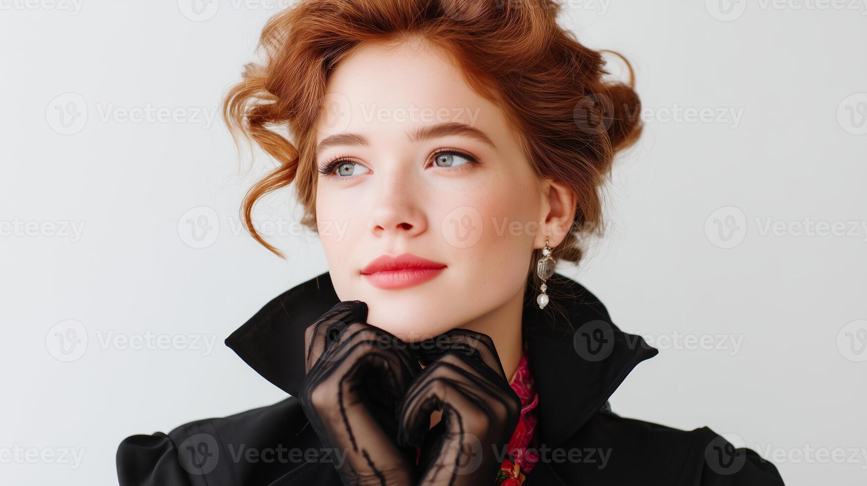 Elegant woman in stylish attire poses thoughtfully against a plain backdrop photo