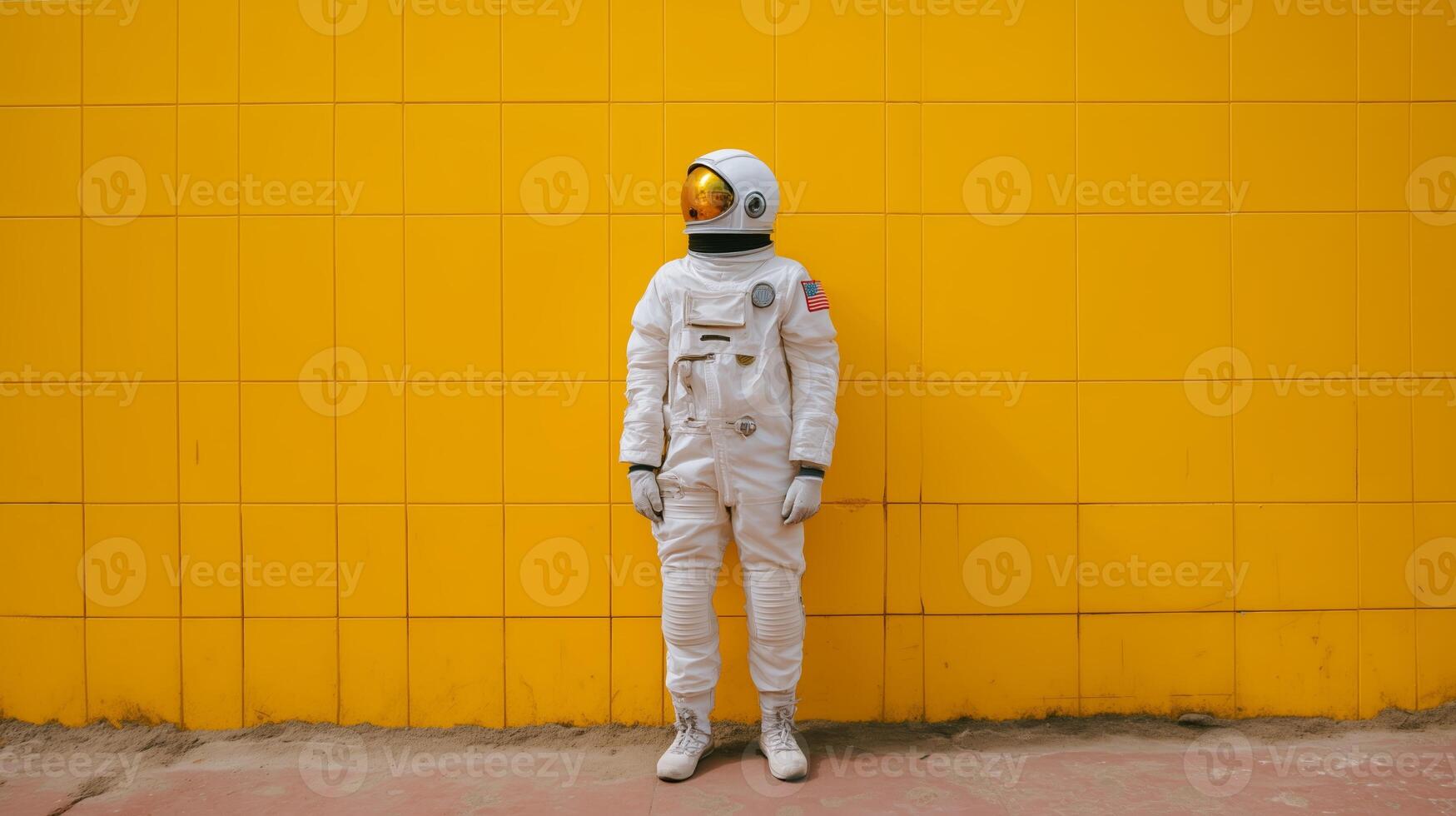 Astronaut stands against vibrant yellow wall in urban setting, showcasing unique blend of space exploration and modern art photo