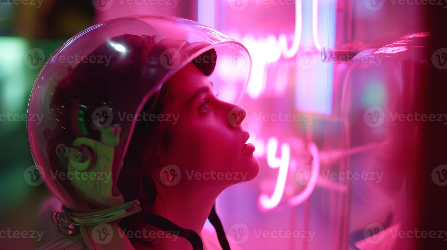Woman in helmet gazes thoughtfully at neon lights during the night in an urban setting photo