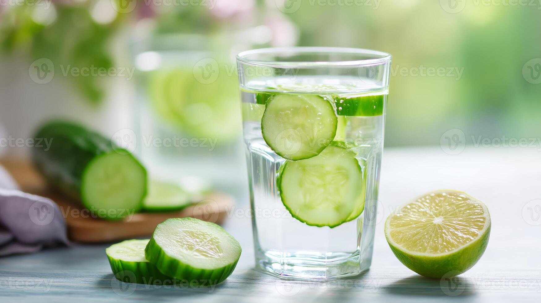 Refreshing cucumber and lime water served in a glass in a bright kitchen setting on a sunny day photo