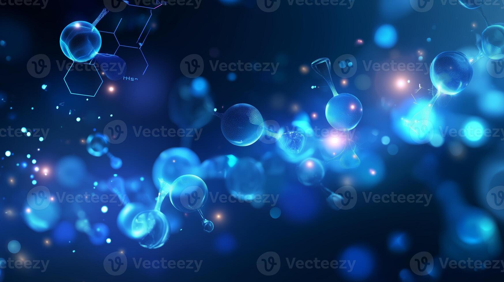 Molecular structures and particles glowing in blue light set against a dark background photo