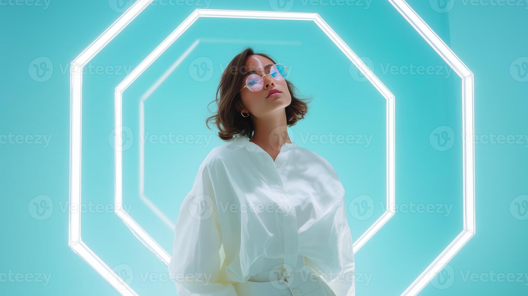 Model poses stylishly in modern setting with glowing geometric light arrangement and vibrant background color photo