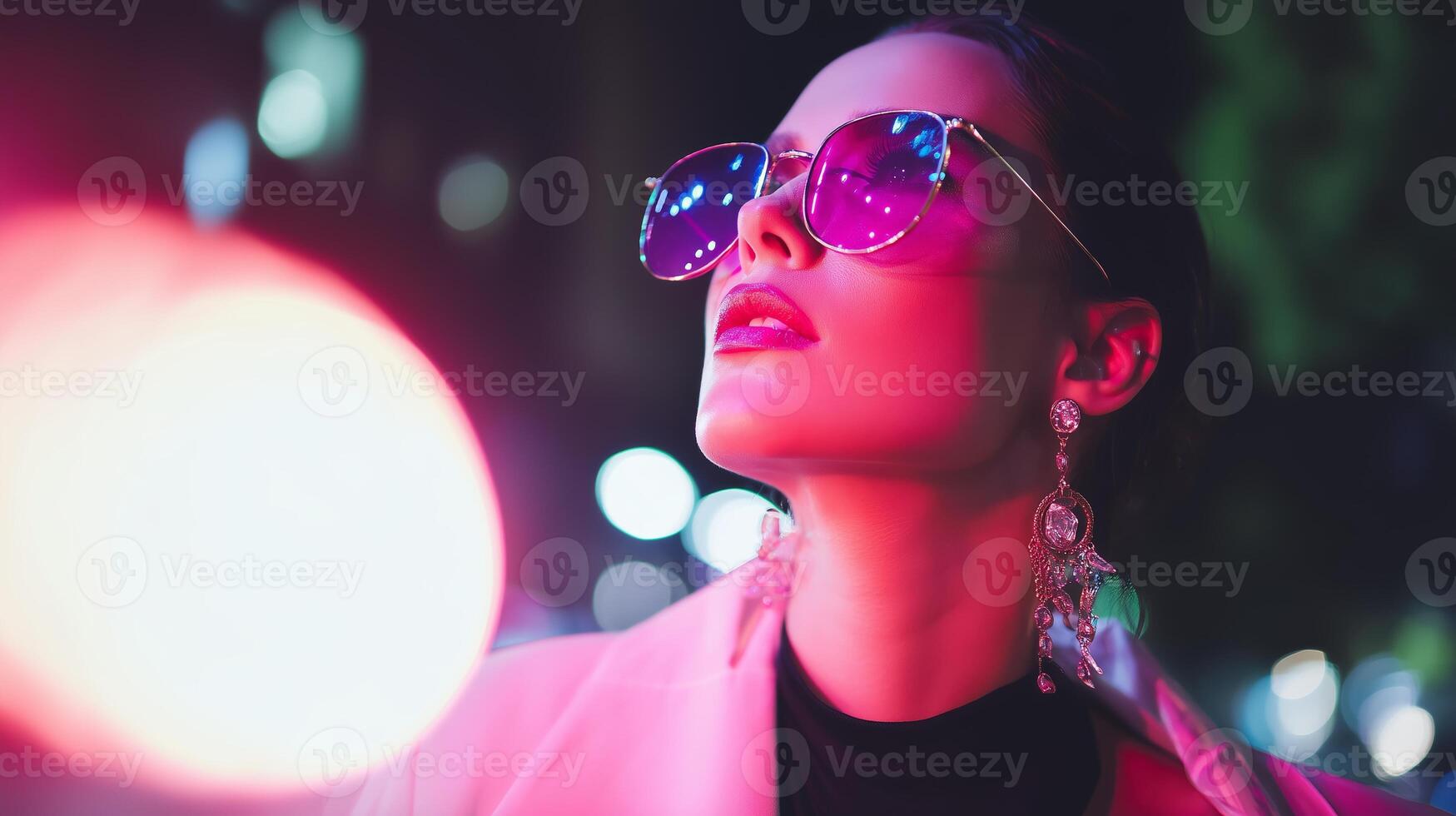 Model showcases vibrant fashion style in urban nightlife with striking accessories and captivating lighting photo