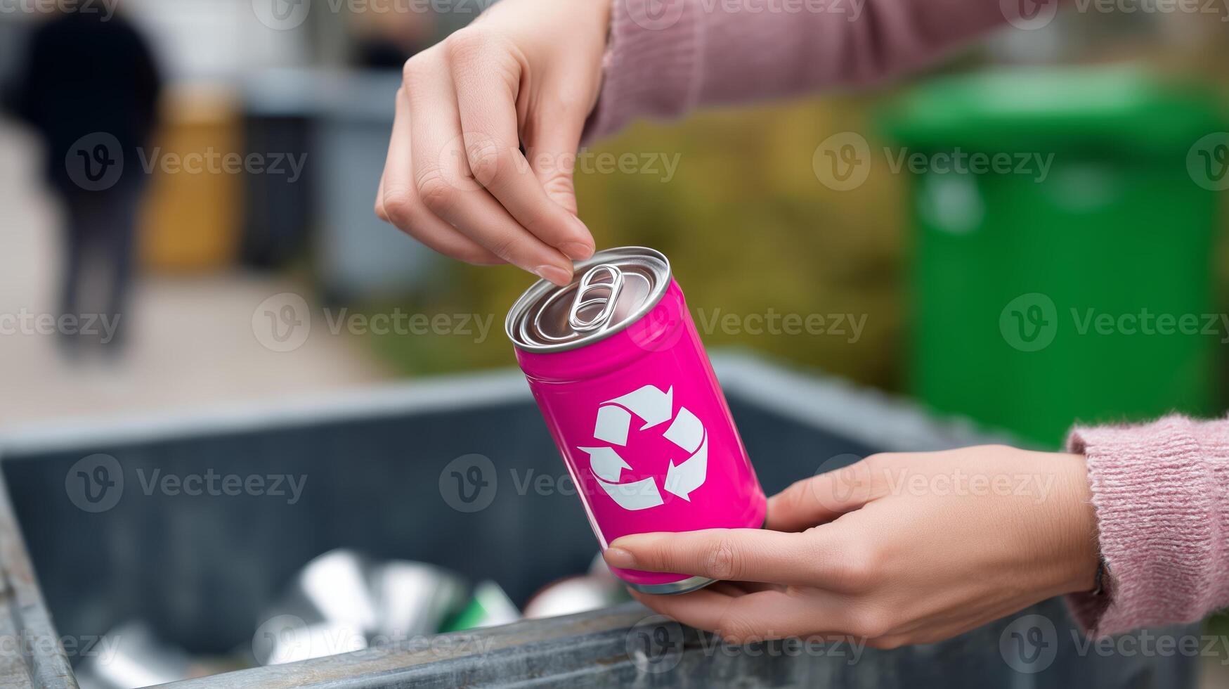 Person recycling a pink can with a recycling symbol at a waste bin in an urban setting during daylight hours photo