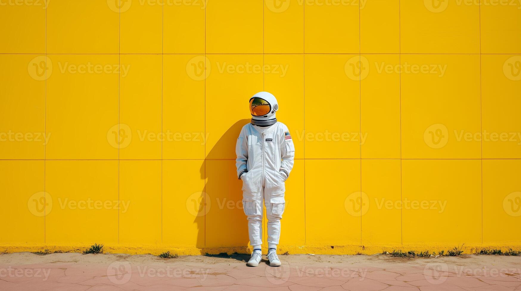 Astronaut standing against a vibrant yellow wall in an urban setting during daylight photo