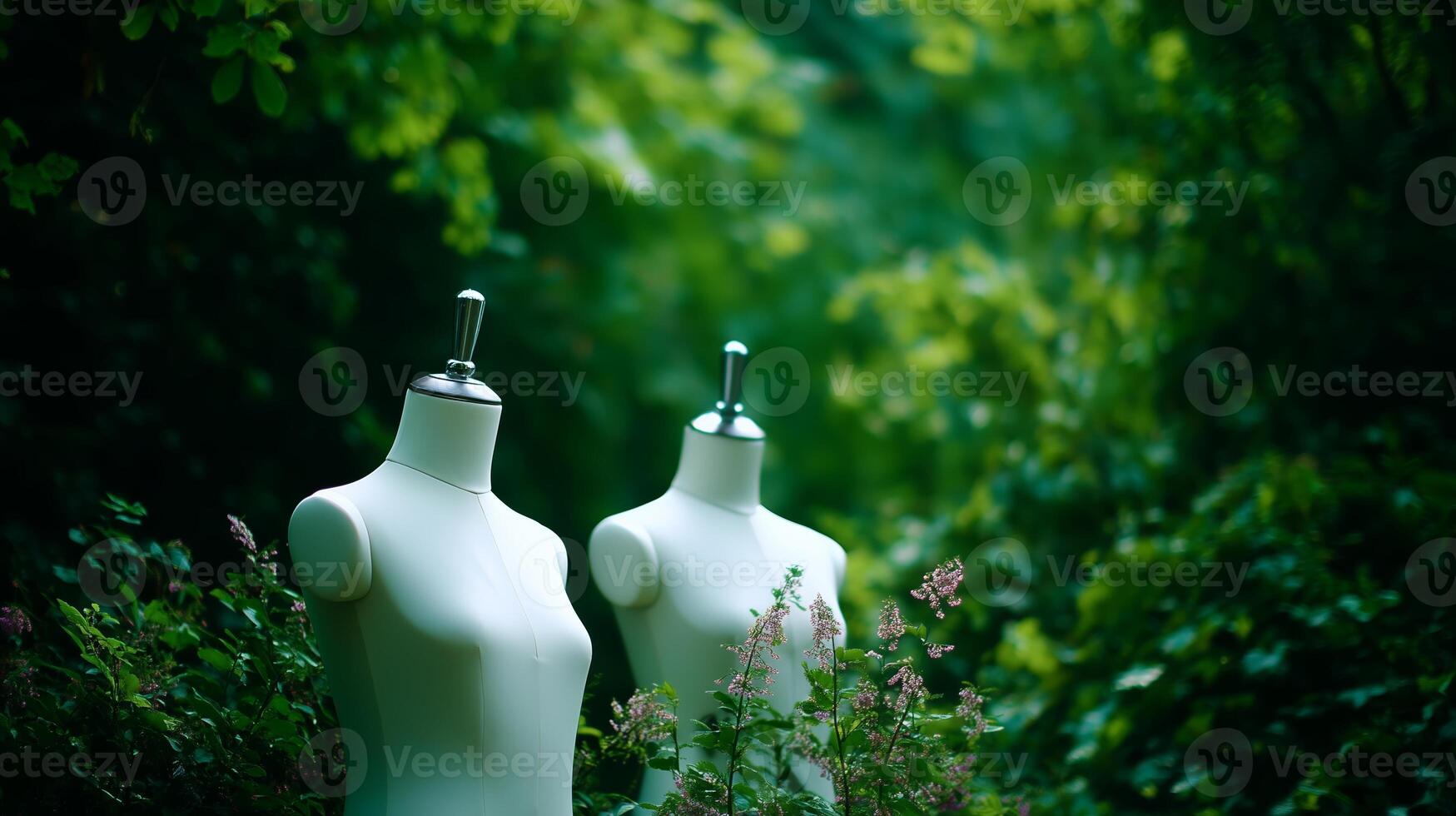 Mannequins surrounded by lush green foliage in a serene outdoor setting during daylight hours photo