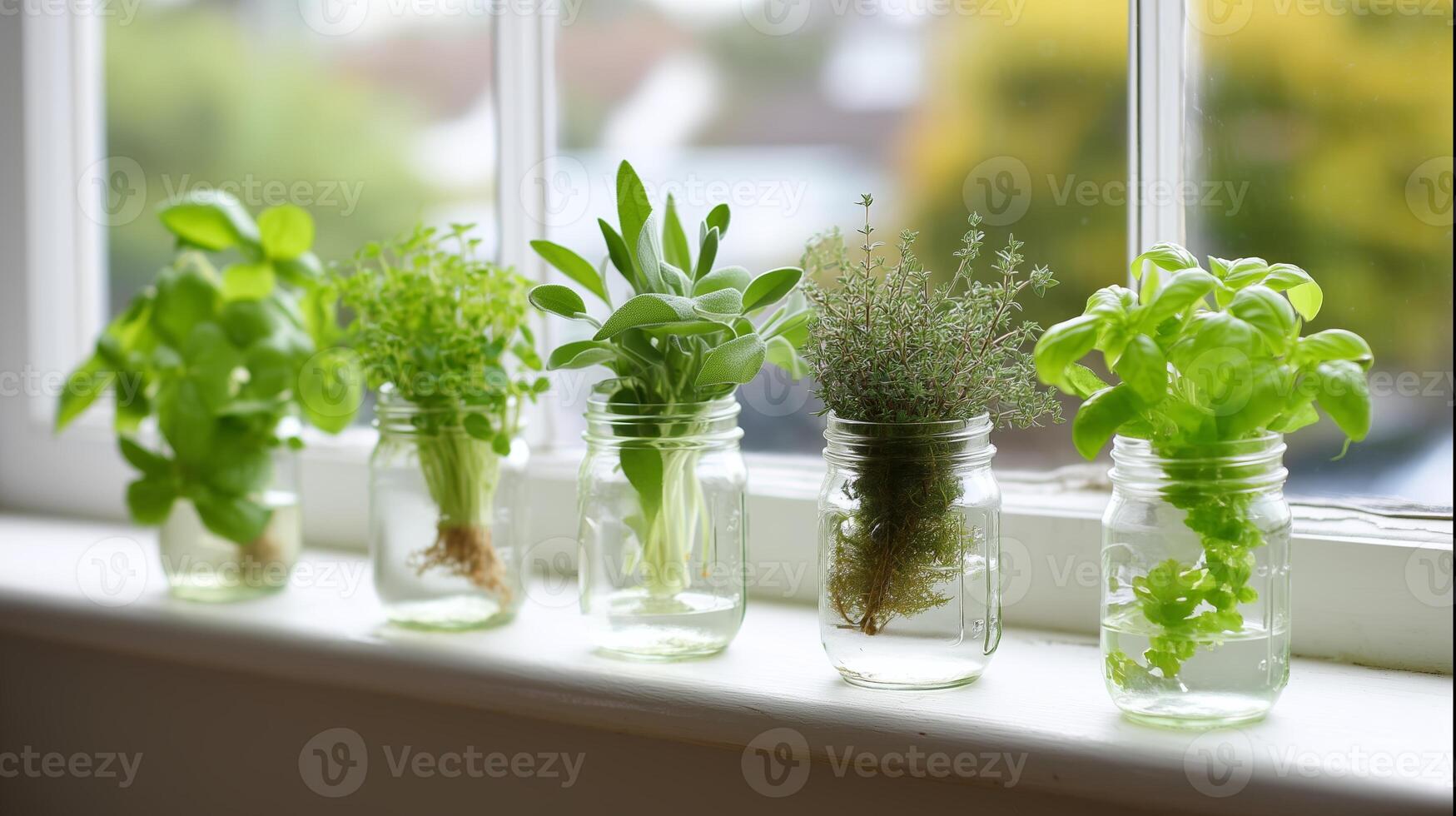 Herbs growing in jars on a sunny windowsill creating a vibrant green indoor garden setup in the morning light photo