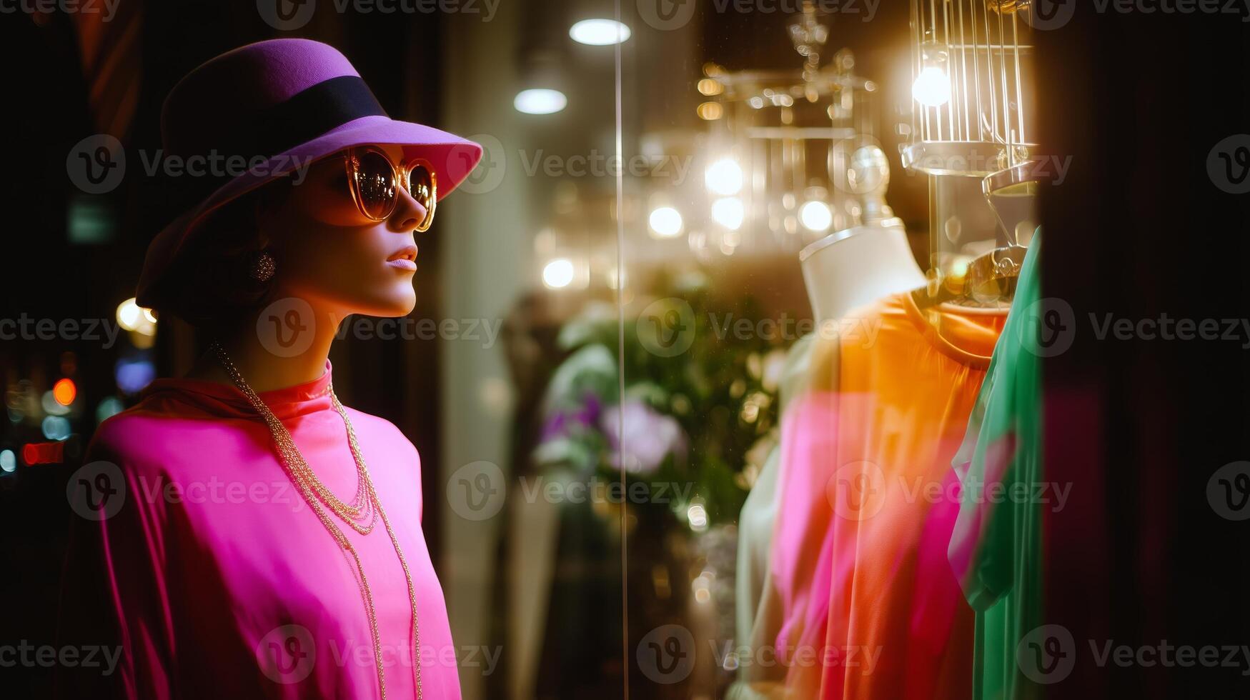 Stylish mannequin in vibrant attire showcasing spring fashion collection in boutique window at night photo