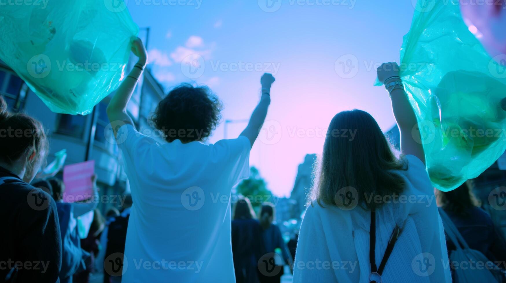 Youth activists participate in a climate march holding up green bags on a sunny day in an urban setting photo