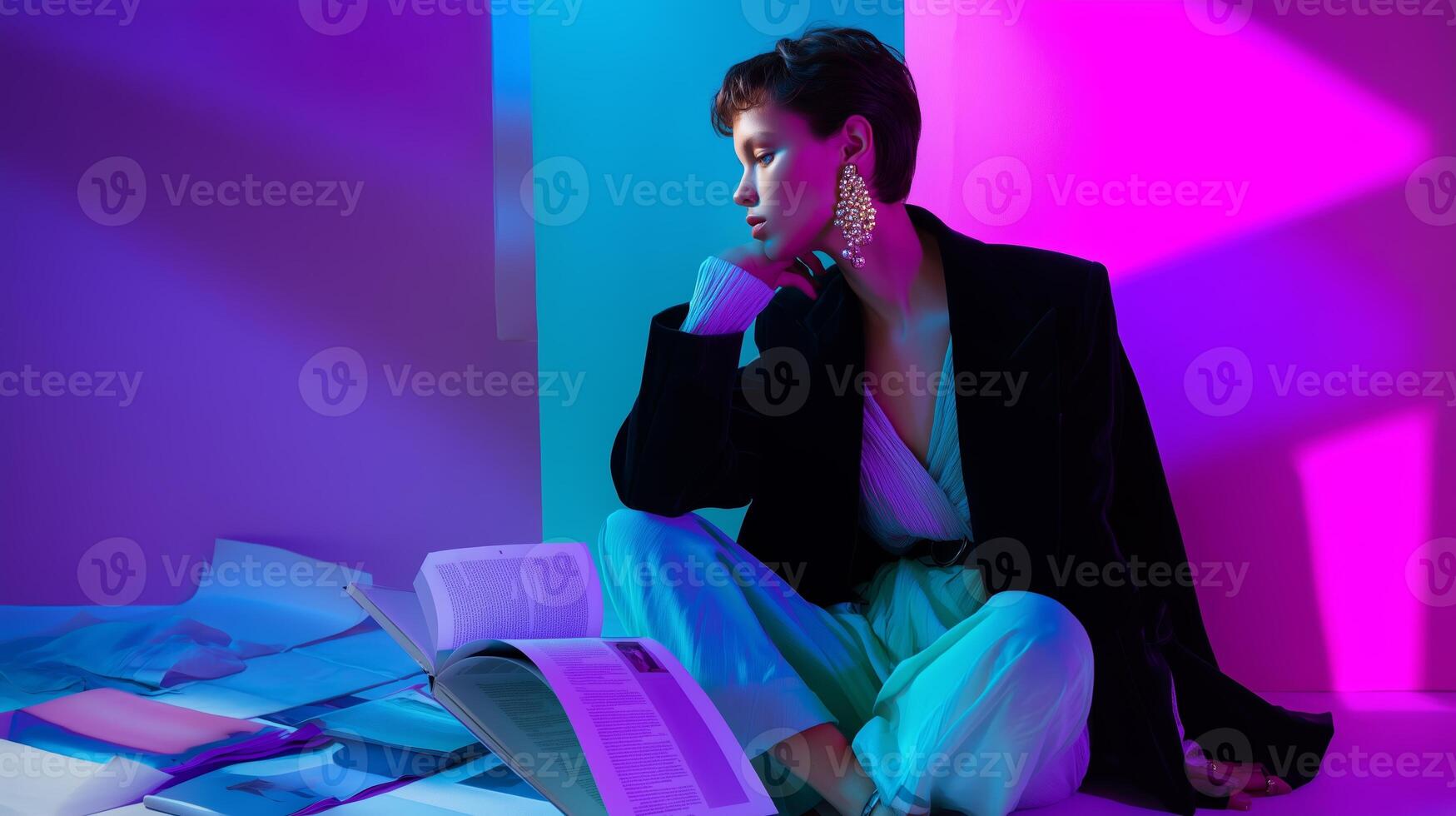 Model poses elegantly in a brightly lit studio surrounded by scattered books and colorful backlighting at night photo