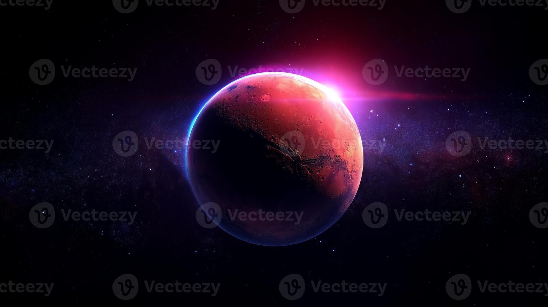 Mars illuminated by distant light in a vibrant cosmic landscape of colors and celestial wonders photo