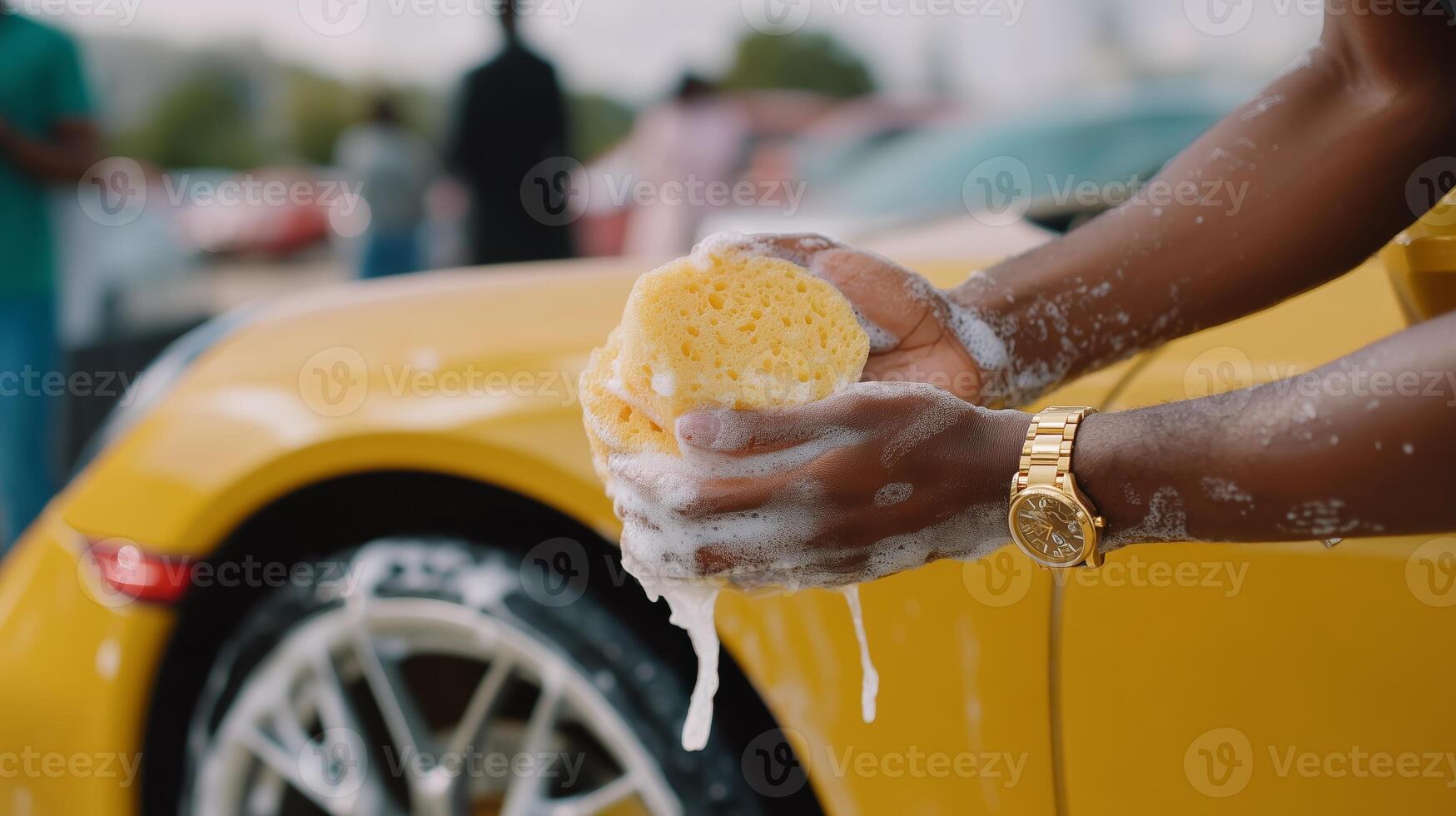 Car cleaning event in a busy urban setting with participants washing cars on a sunny day photo