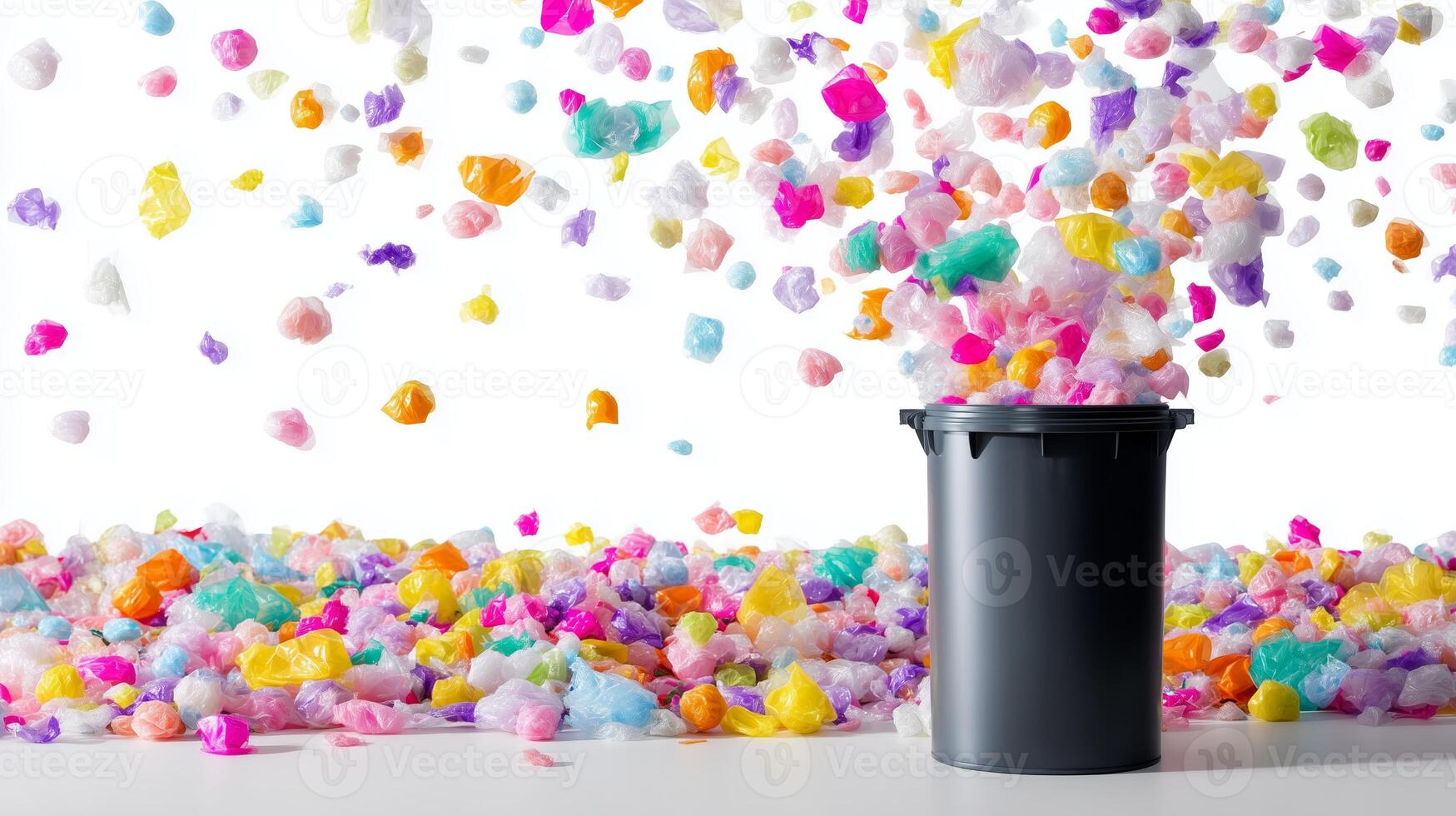 Colorful plastic fragments scatter around a black bin in bright lighting during a creative art project at a local studio photo