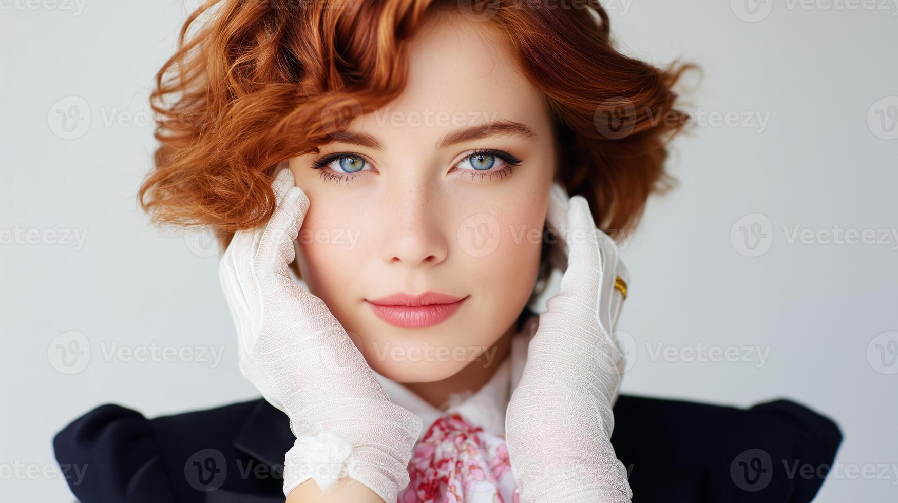 Model with curly red hair posing elegantly against a soft background in a fashion shoot emphasizing beauty and style photo