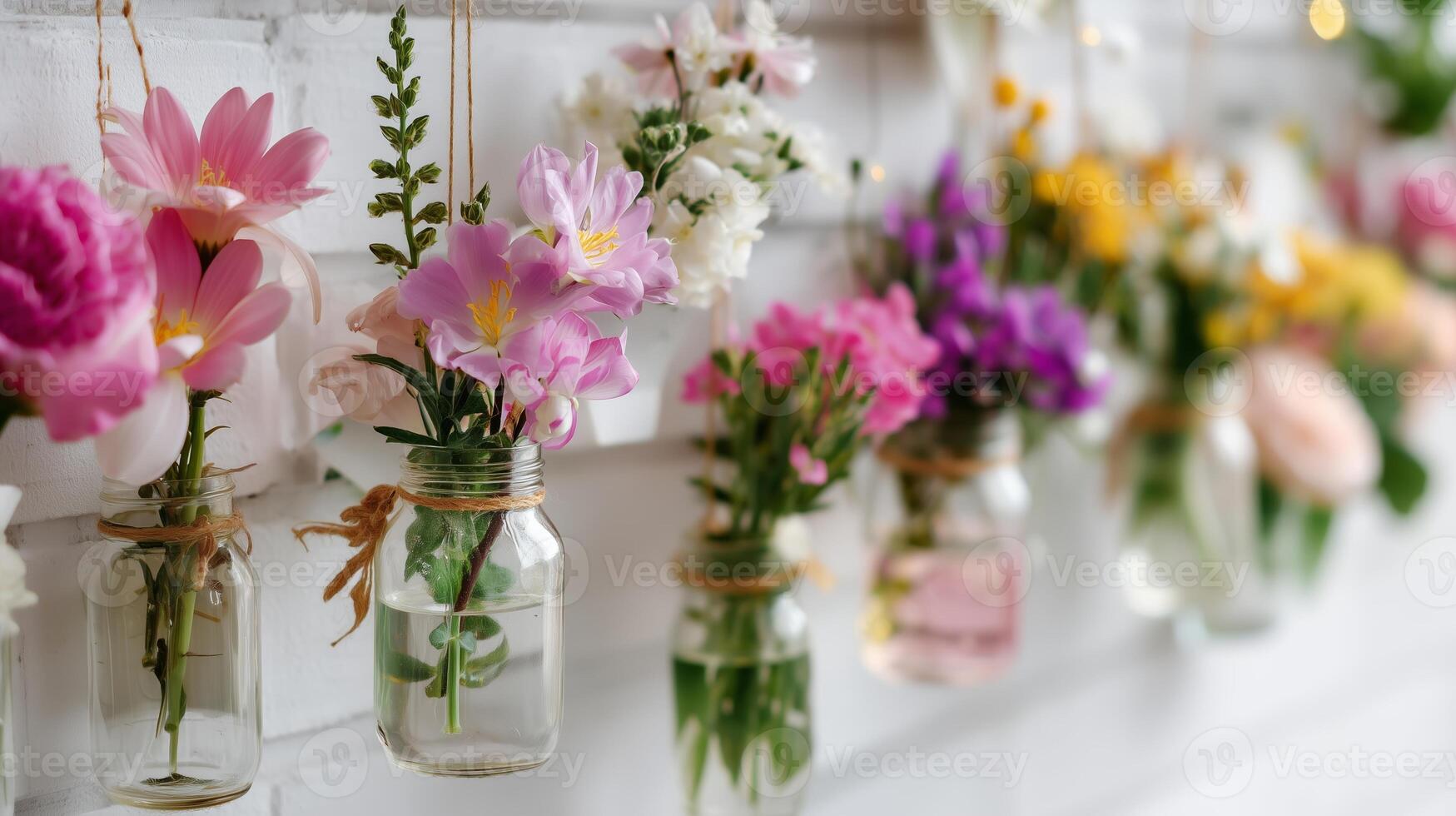 Creative flower arrangement in glass jars hanging on a white wall, featuring a variety of colorful blooms and greenery photo