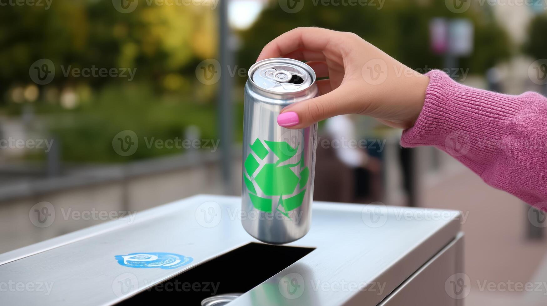 Hand dropping a recyclables can into a recycling bin on a sunny day in an urban park area near trees and people photo