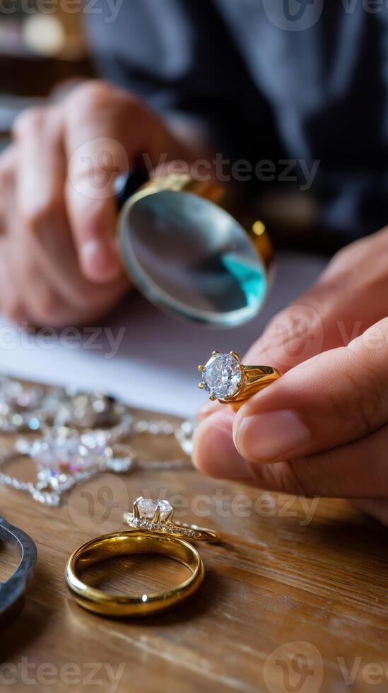 Expert jeweler inspects a diamond ring with a magnifying glass in a workshop setting photo