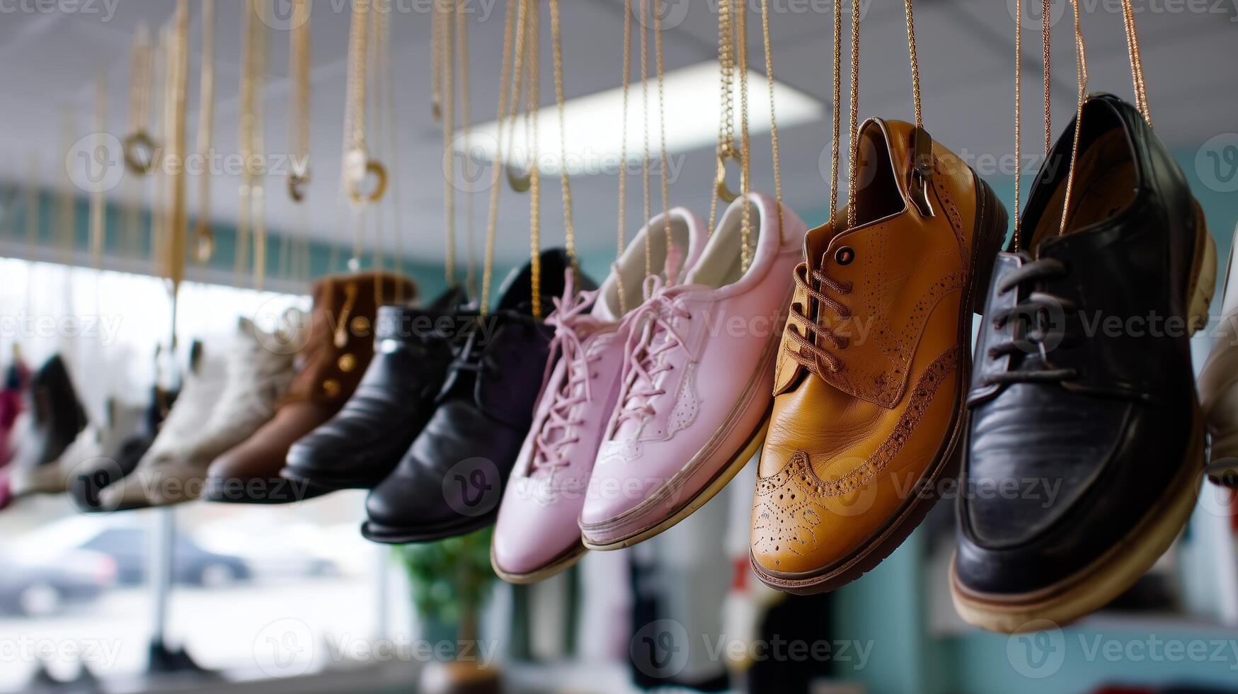 Unique collection of hanging shoes displayed in a trendy boutique during daylight photo