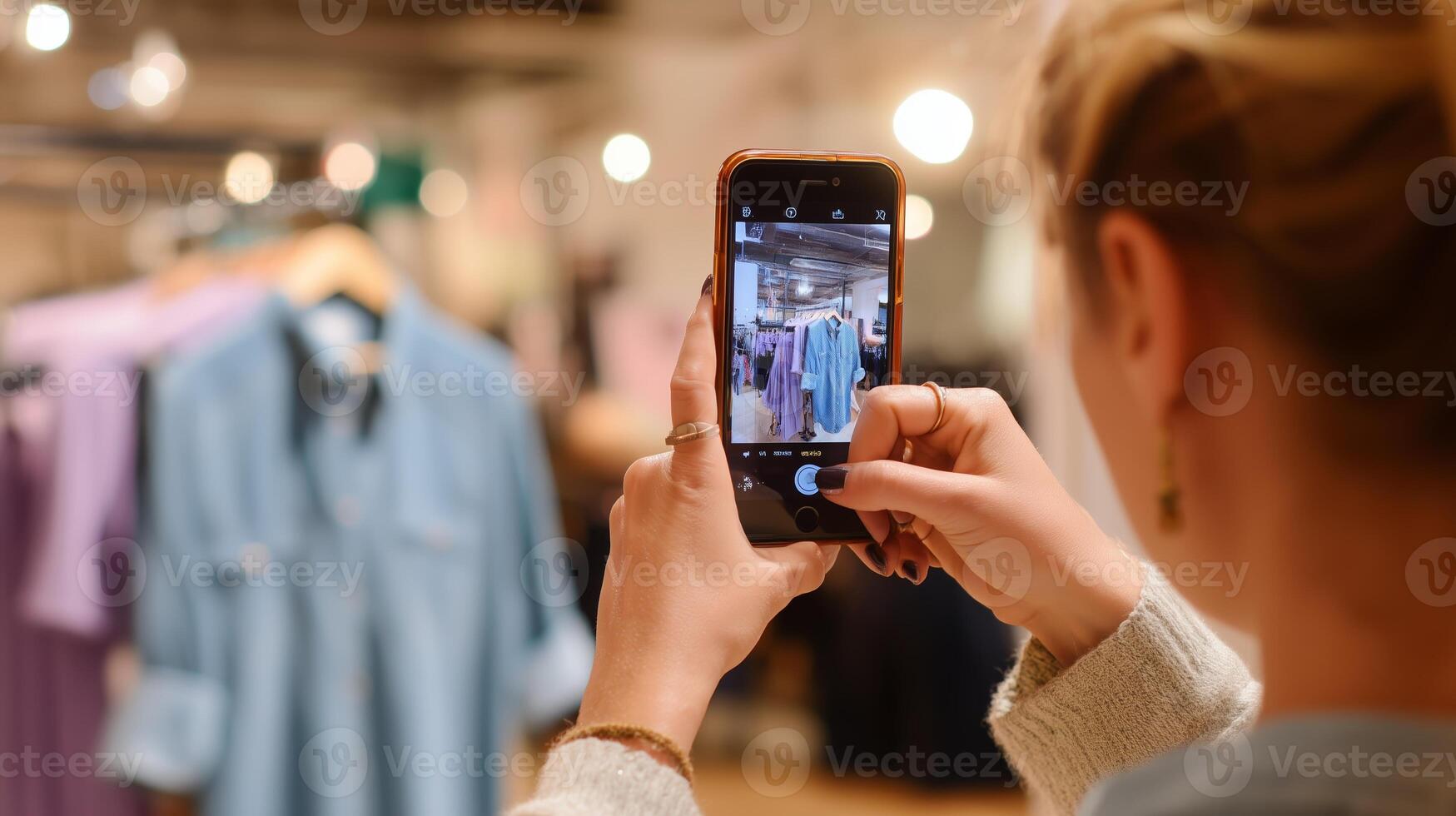 Shopping enthusiast captures stylish clothing in store while browsing trendy apparel collection photo