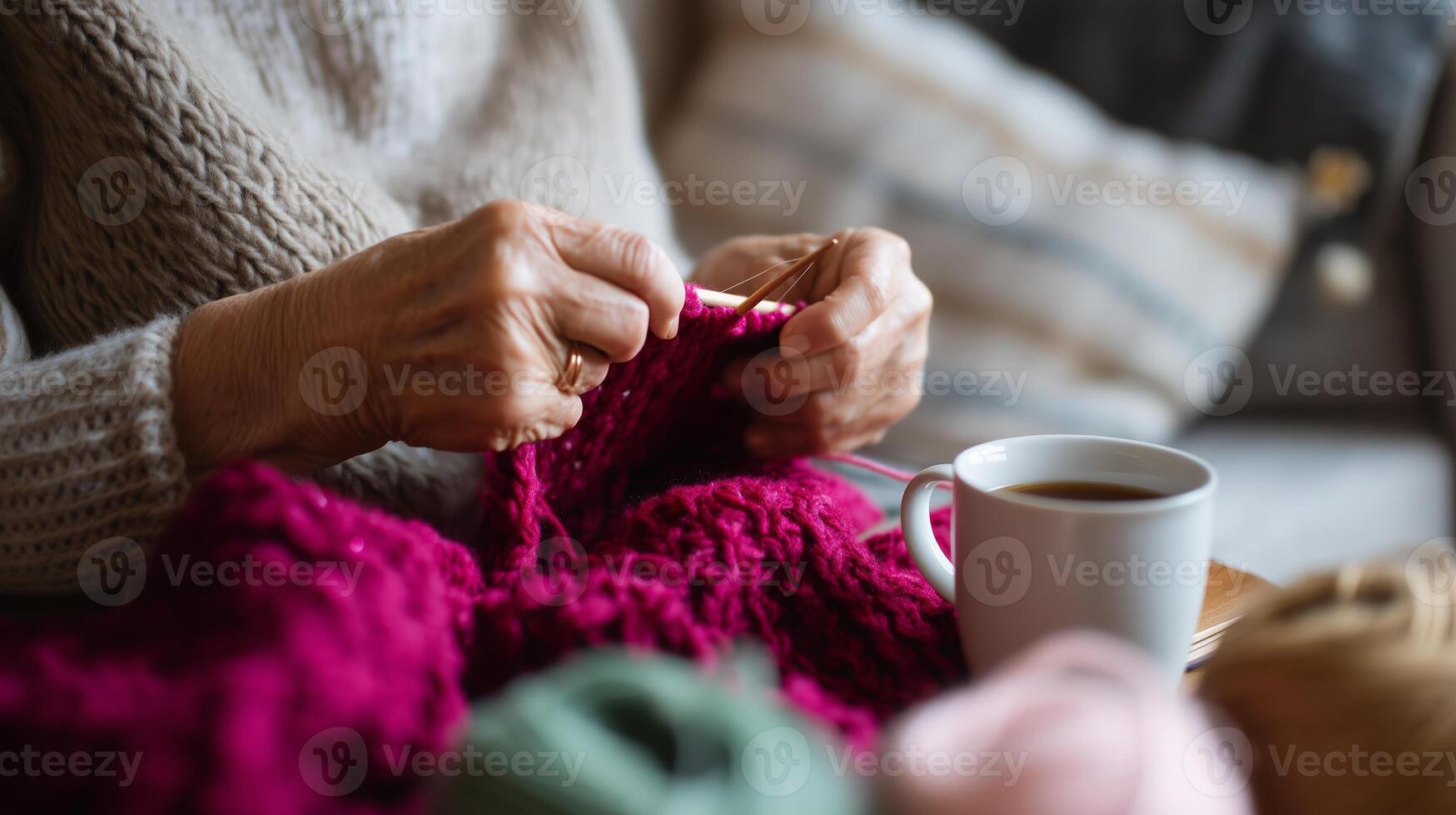 Hands engaged in knitting a colorful blanket while enjoying a warm beverage in a cozy indoor setting photo